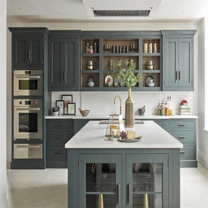 Kitchen cabinets complete sets matte grey green painting visual glass sliding cabinet doors