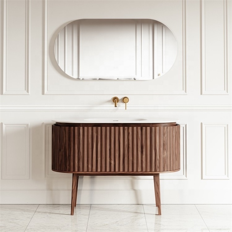 Curved bathroom cabinet set with ceramic integrated basin modern solid wood bathroom vanity