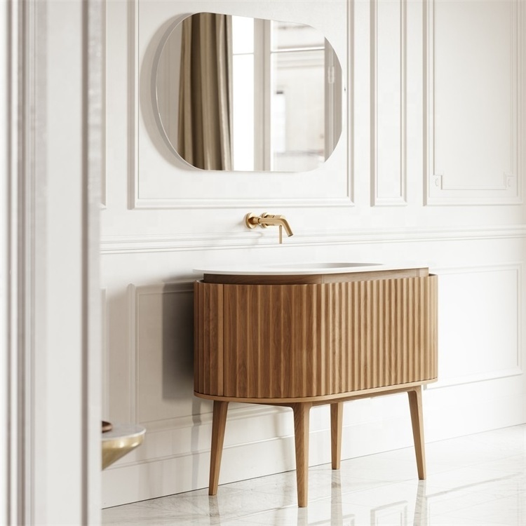 Curved bathroom cabinet set with ceramic integrated basin modern solid wood bathroom vanity