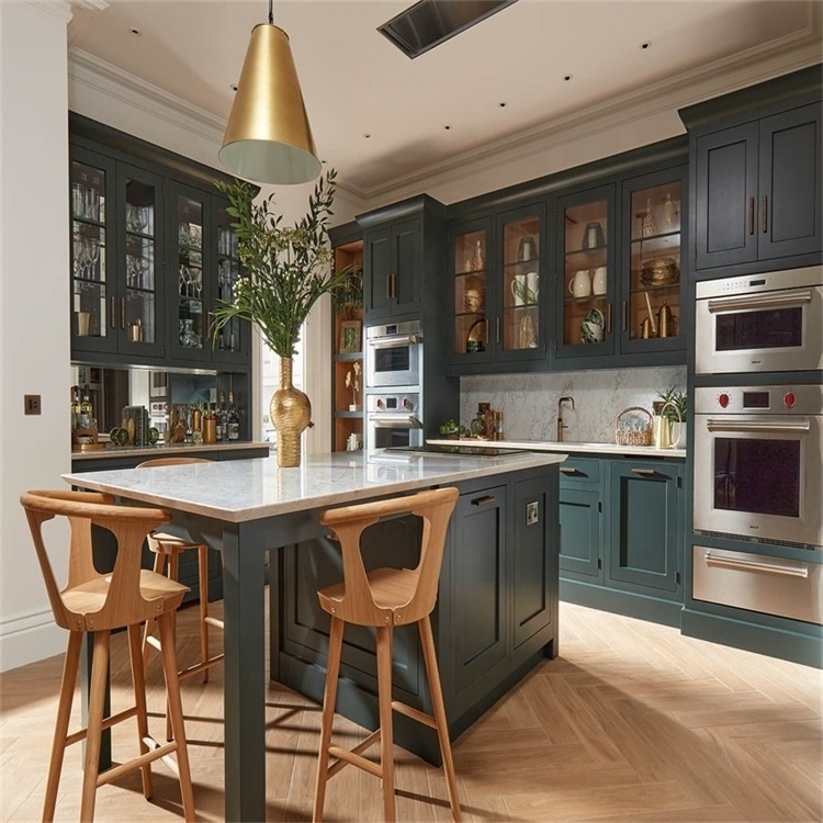 Kitchen cabinets complete sets matte grey green painting visual glass sliding cabinet doors