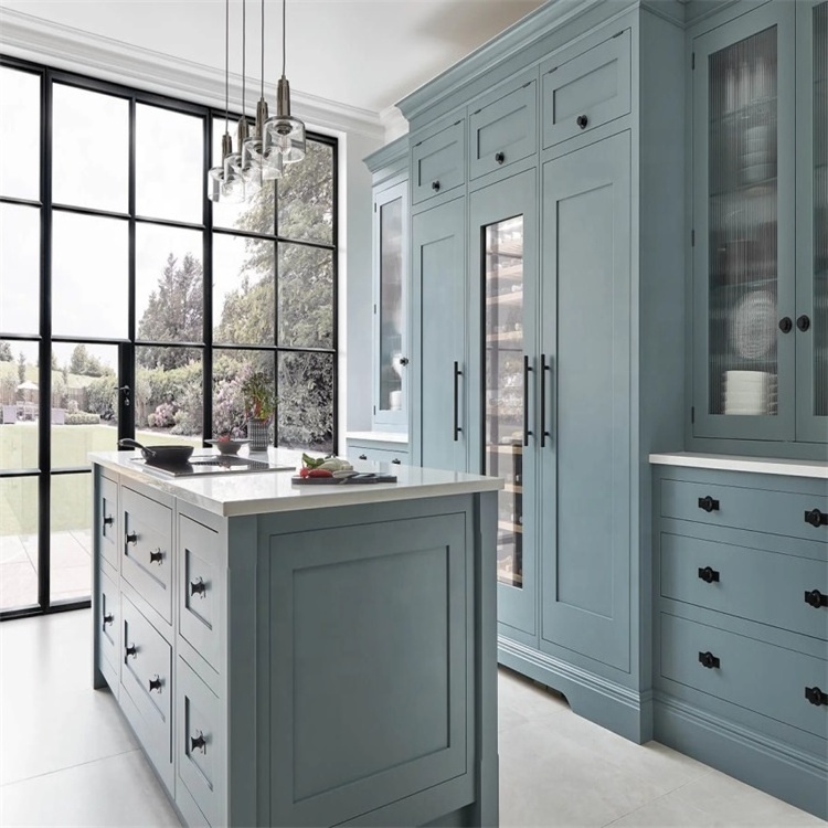 Kitchen cabinets complete sets matte grey green painting visual glass sliding cabinet doors