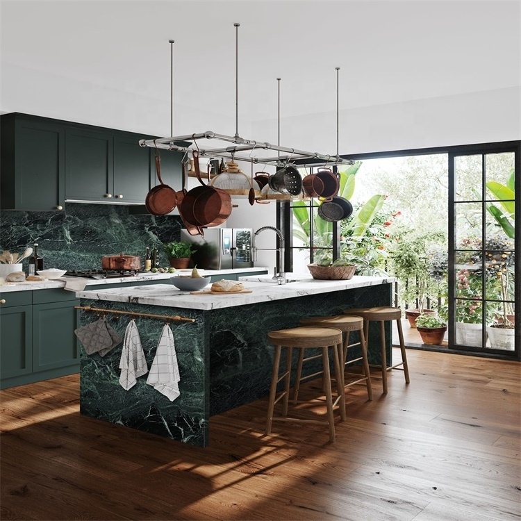 Luxury cabinets kitchen furniture modern deep green painting high cabinet match marble island cabinet