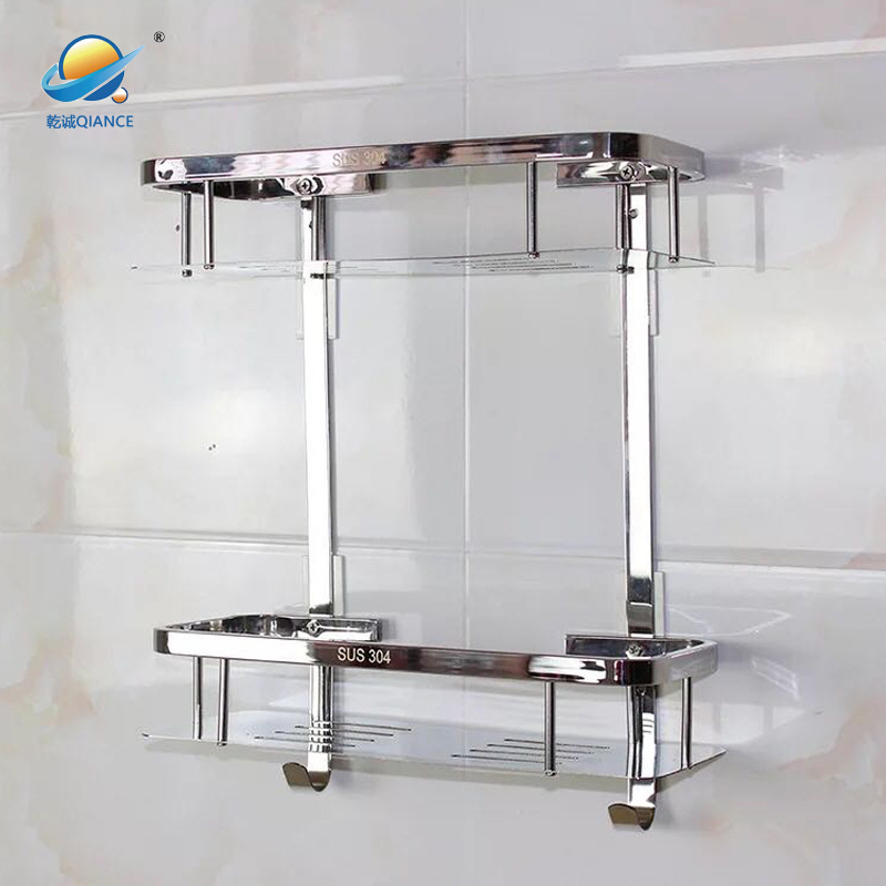 Double Layer stainless steel bathroom corner shelf storage rack with hook