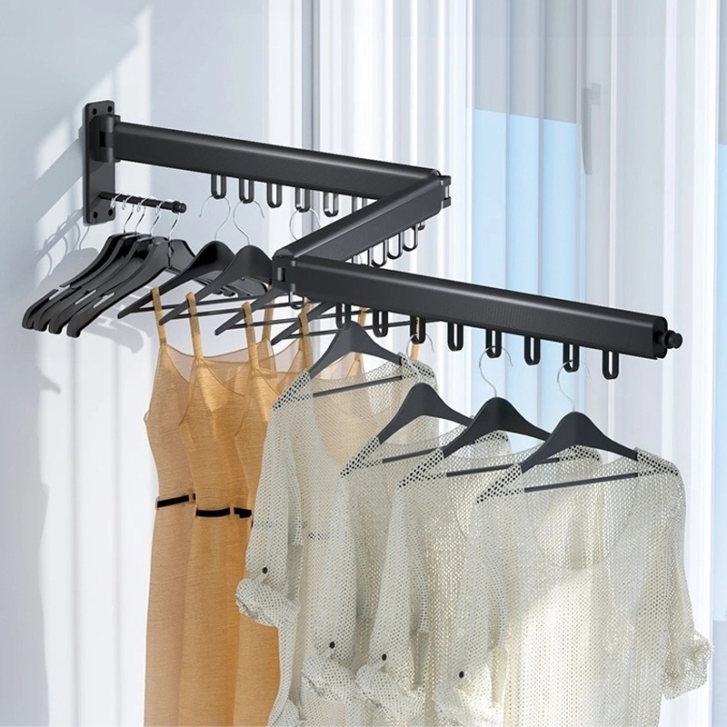 Aluminum alloy folding black clothes rail bathroom balcony movable single and double multi-pole with hook drying rack