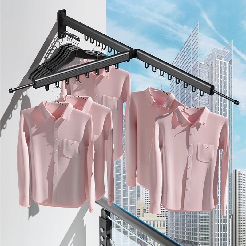 Aluminum alloy folding black clothes rail bathroom balcony movable single and double multi-pole with hook drying rack