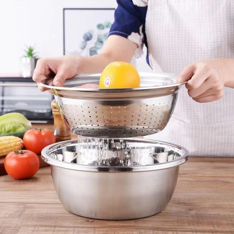 Stainless Steel Drain Basket Vegetable Cutter 3 In 1 Kitchen Multipurpose Julienne Grater Salad Bowl For Home