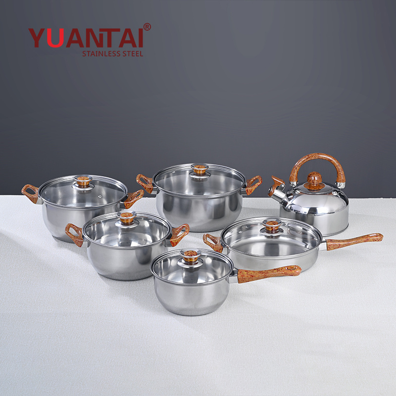 Stainless Steel 12 pieces Cookware set Induction Kitchen Cookware Cooking Pot with Wood Grain Bakelite Handles