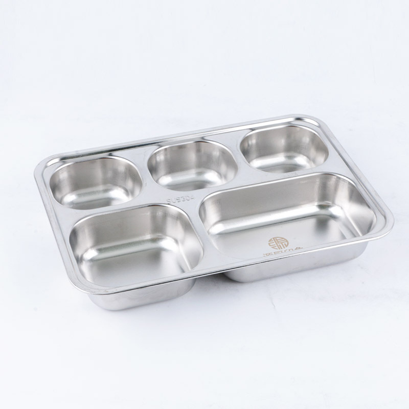 Food Grade Metal Stainless Steel School Lunch Tray Divided Dinner Plates Fast Food Serving Tray with 5 Compartments