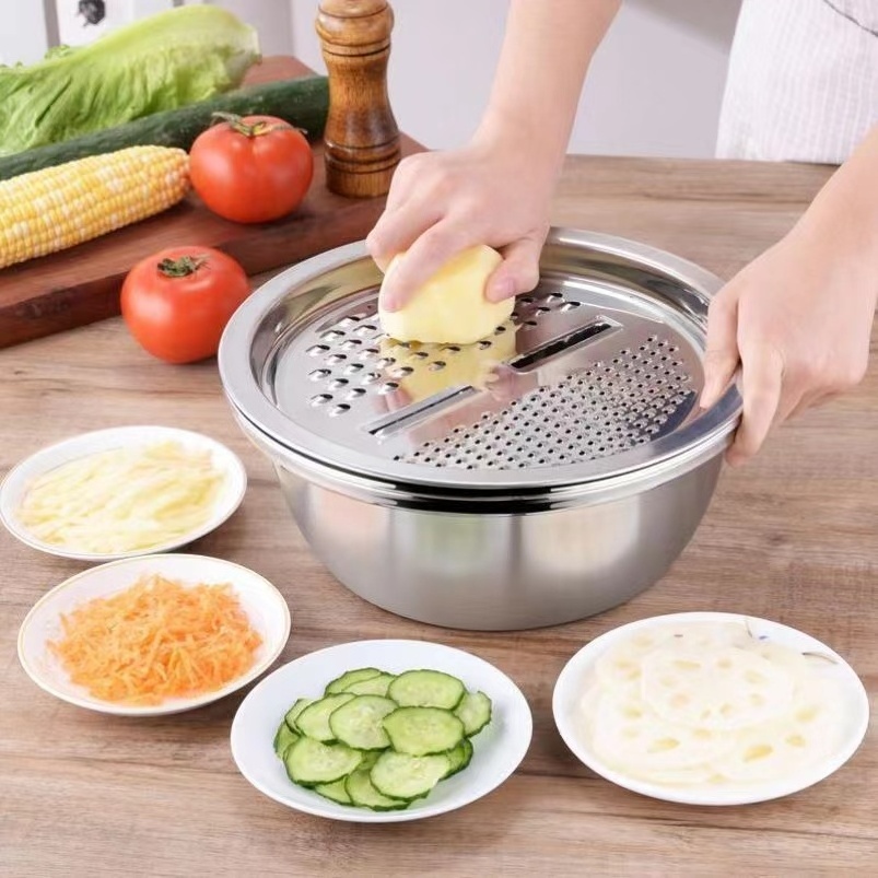 Stainless Steel Drain Basket Vegetable Cutter 3 In 1 Kitchen Multipurpose Julienne Grater Salad Bowl For Home