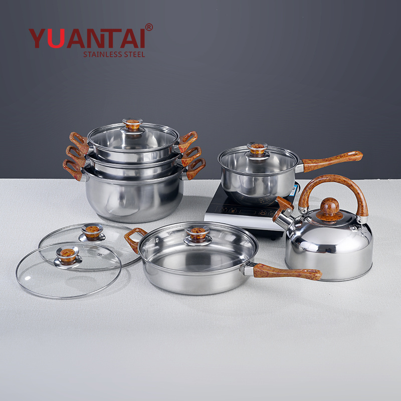 Stainless Steel 12 pieces Cookware set Induction Kitchen Cookware Cooking Pot with Wood Grain Bakelite Handles