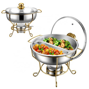 Wedding Party Buffet Food Warmer Heater Stainless Steel Round Gold Chafing Dish With Lid Holder