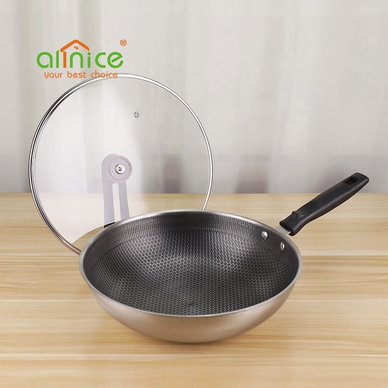 high quality Honeycomb Coating nonstick Stainless Steel Frying Pan Wok with Glass Lid