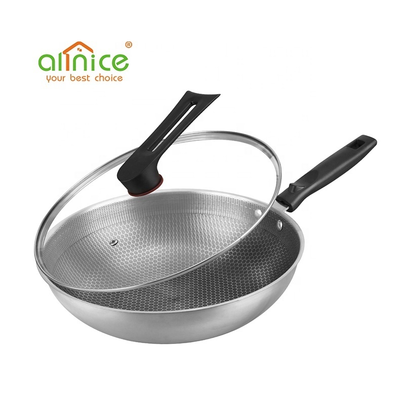 high quality Honeycomb Coating nonstick Stainless Steel Frying Pan Wok with Glass Lid