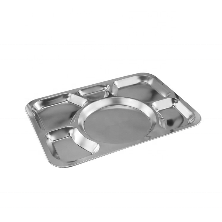 High Quality Eating Plate 6 Compartment Stainless Steel Rectangle Dinner Food Plate for Home Hotel