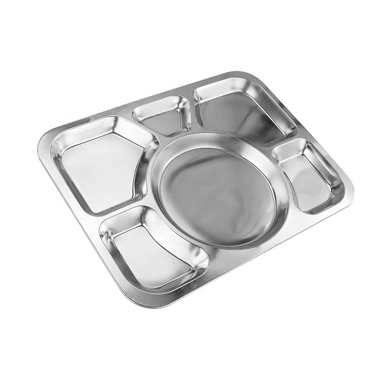 High Quality Eating Plate 6 Compartment Stainless Steel Rectangle Dinner Food Plate for Home Hotel