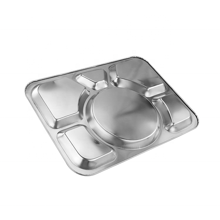 High Quality Eating Plate 6 Compartment Stainless Steel Rectangle Dinner Food Plate for Home Hotel