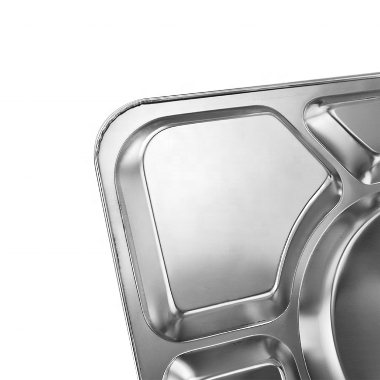 High Quality Eating Plate 6 Compartment Stainless Steel Rectangle Dinner Food Plate for Home Hotel