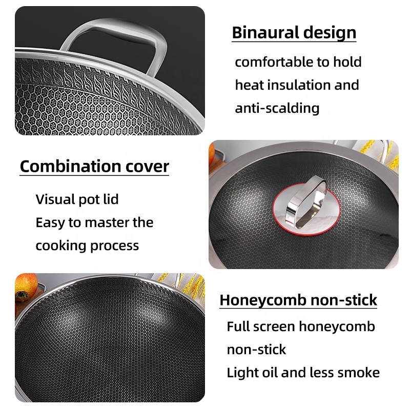 Wholesale Kitchen Cookware 18/10 Stainless Steel Induction Honeycomb Nonstick Cooking Wok Fry Pan