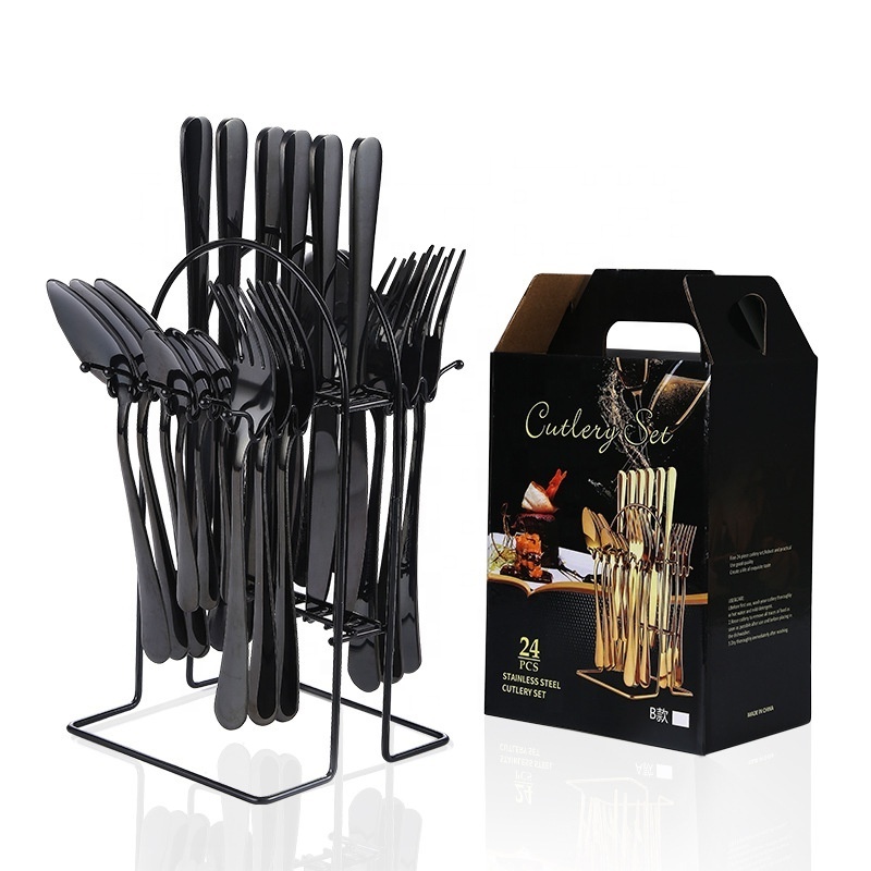 Low Price Stainless Steel Spoon And Fork Set Metal 24 Piece Black Cutlery Flatware Sets With Cutlery Rack