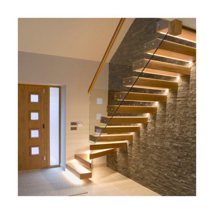 Straight stair save cost wood stair manufacturer floating staircase hot sale glass stairs