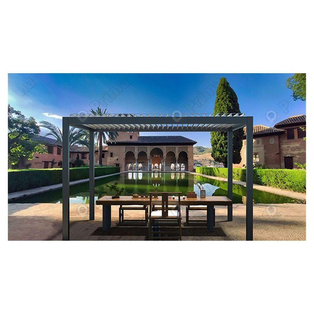 Prima Garden Motorized Louvered Roof Modern Design Outdoor Waterproof Tent Bioclimatic Pergola Gazebo with Blinds Glass Door