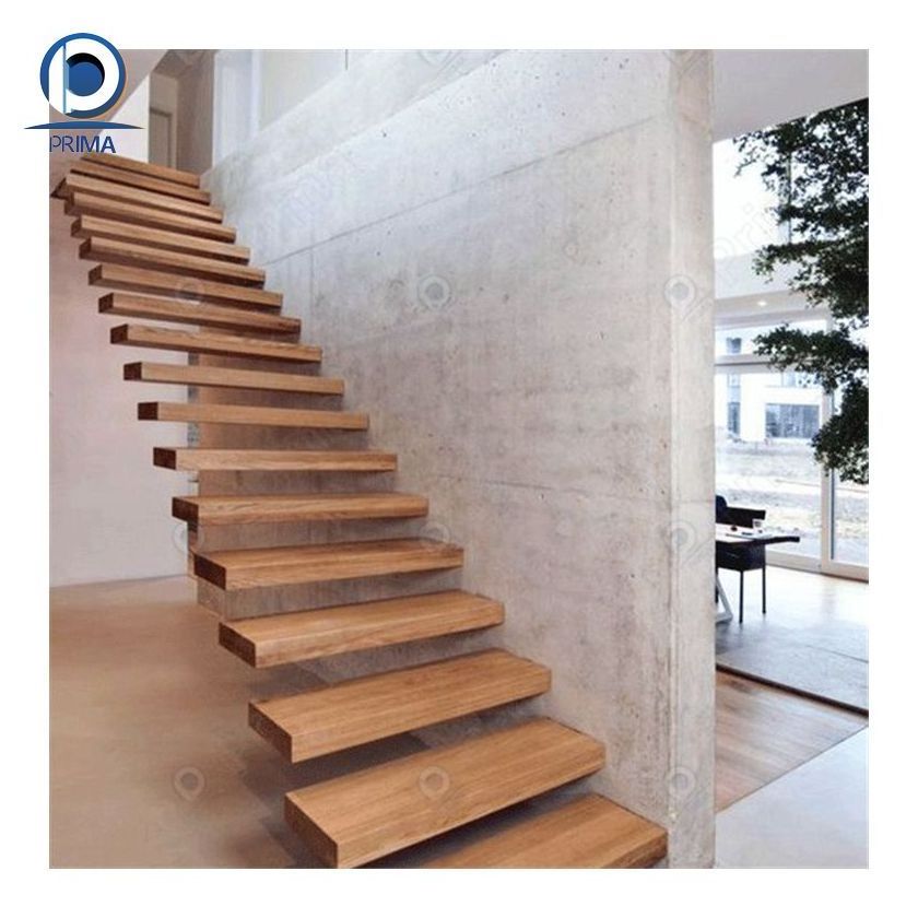 CBDMART Modern Suspended Staircase with Glass Wooden Step Floating Stairs Floating Stair Tread Brackets