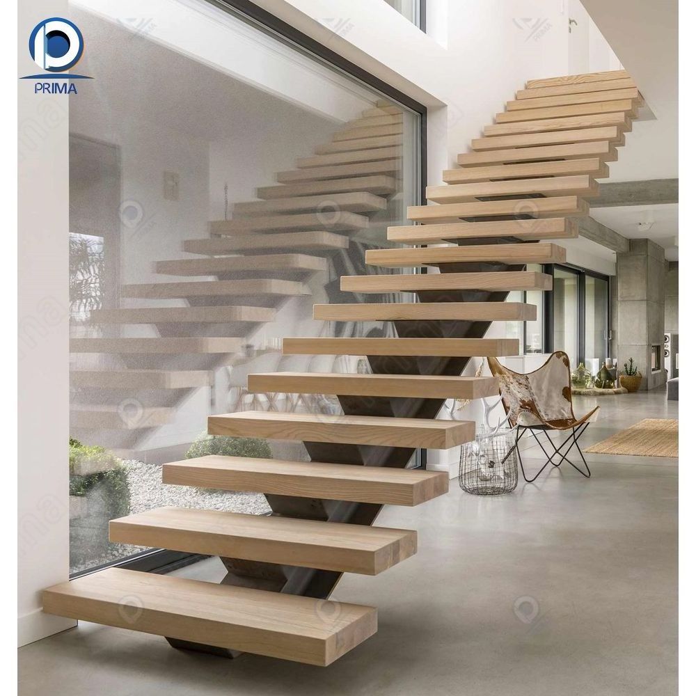 CBDMART Customized Interior Wooden Staircase Floating Stair Tread Brackets Floating Staircase Stringer