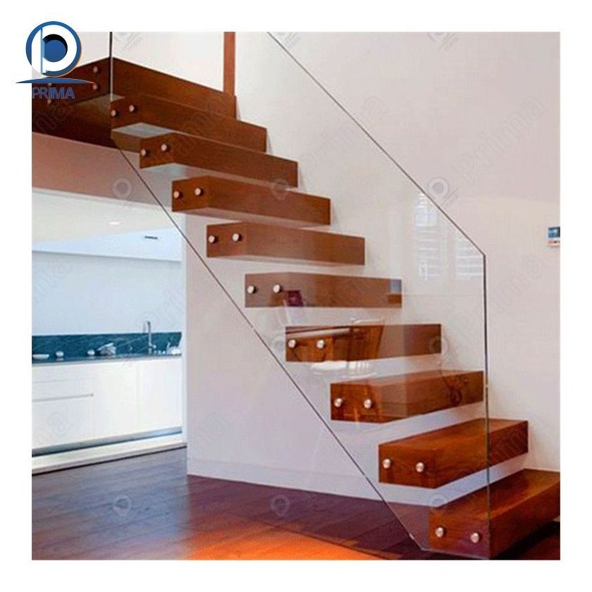 CBDMART Modern Suspended Staircase with Glass Wooden Step Floating Stairs Floating Stair Tread Brackets