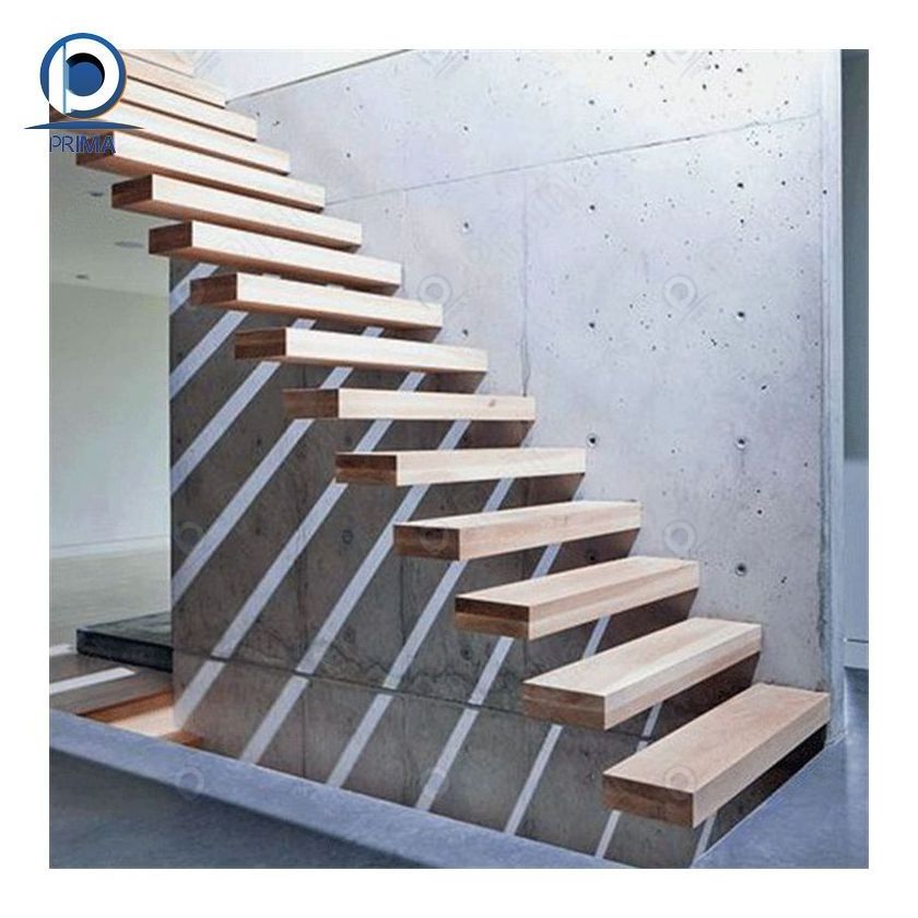 CBDMART Modern Suspended Staircase with Glass Wooden Step Floating Stairs Floating Stair Tread Brackets