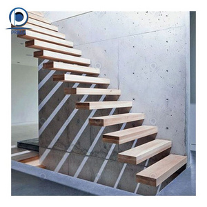 CBDMART Modern Suspended Staircase with Glass Wooden Step Floating Stairs Floating Stair Tread Brackets