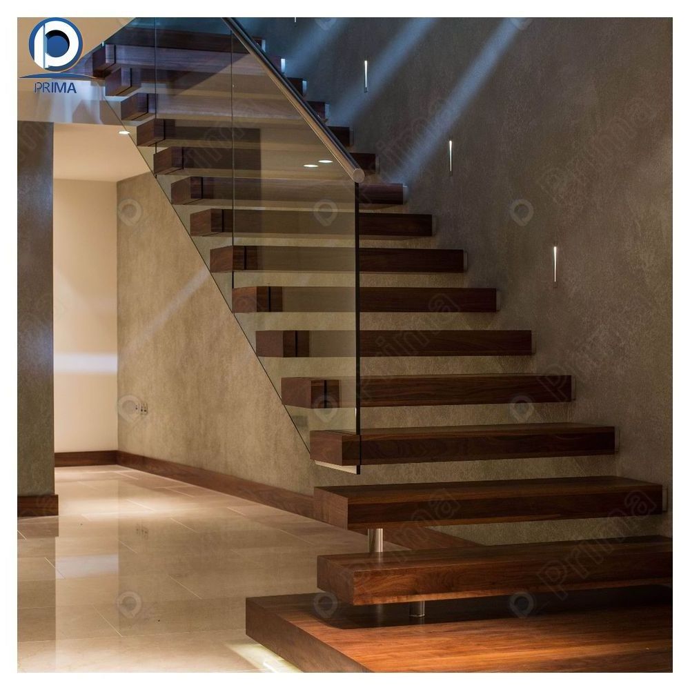 CBDMART Customized Interior Wooden Staircase Floating Stair Tread Brackets Floating Staircase Stringer