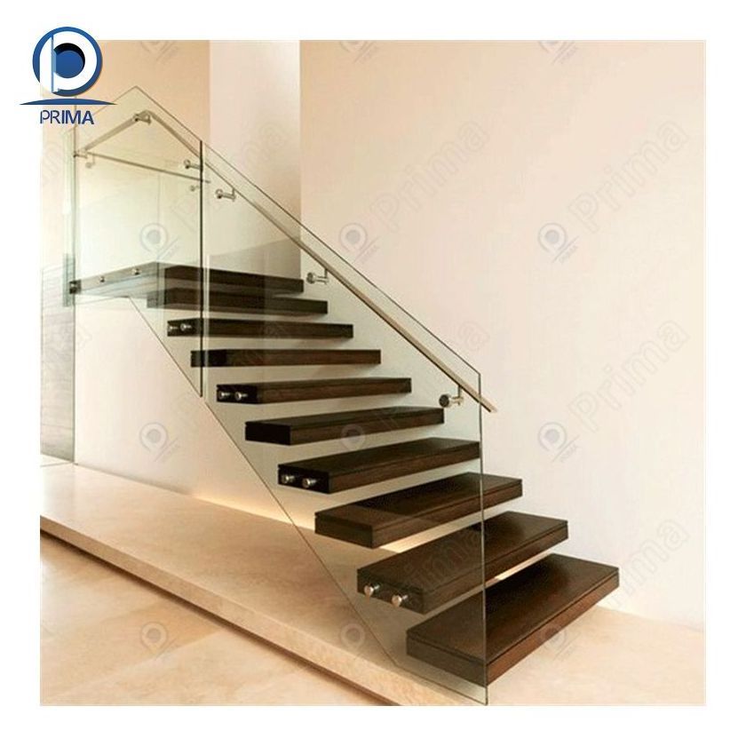 CBDMART Modern Suspended Staircase with Glass Wooden Step Floating Stairs Floating Stair Tread Brackets