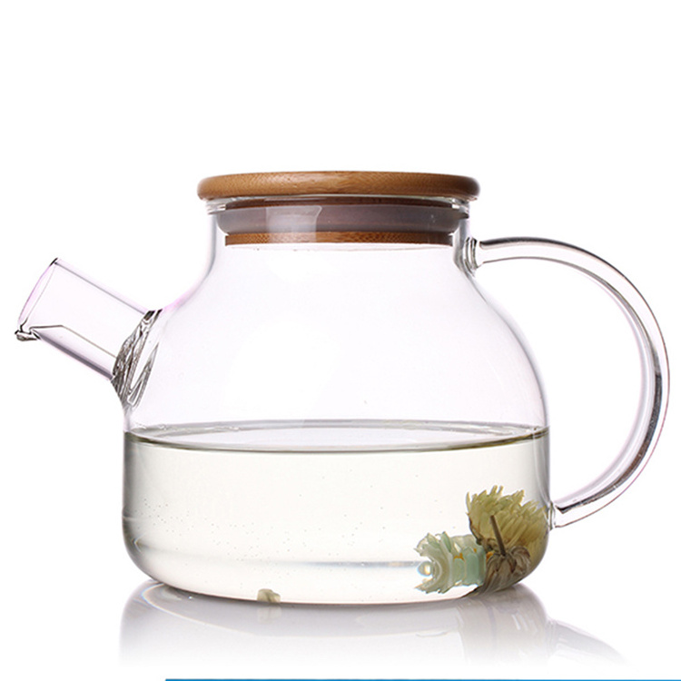 60 Ounce Borosilicate Large Glass Water Pitcher Tea Kettle with Stainless Steel Infuser Spout and Bamboo Lid