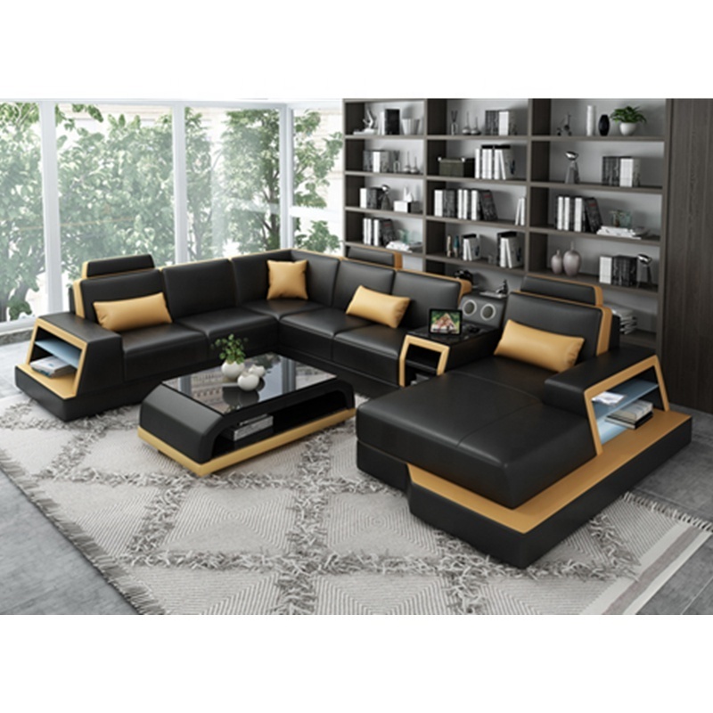 Black and Gold Genuine Leather Sofa Cum Bed with Storage