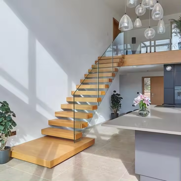 Modern glass railing white oak wood treads floating staircase for sale