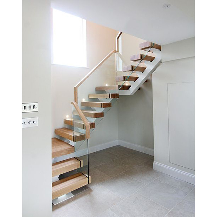 Modern Floating Tempered Glass / Wooden Staircase Steps And Railing Handrail Stair System Kit