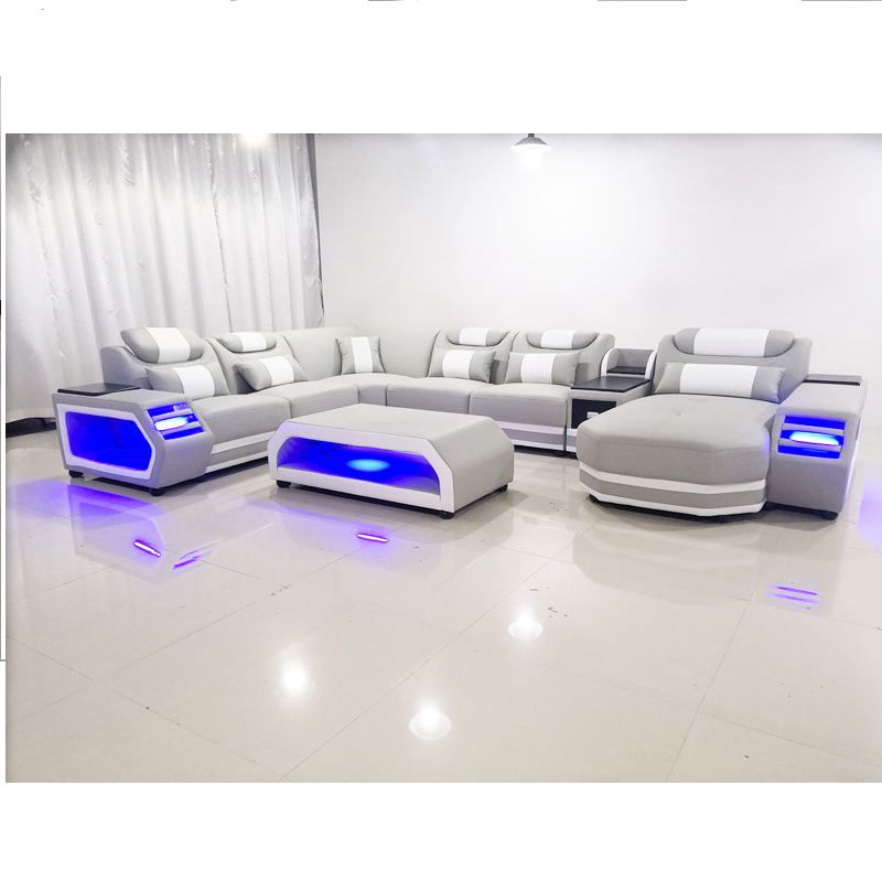 LED Light  Living Room Sofas Set Leather Couch  With Chaise longue