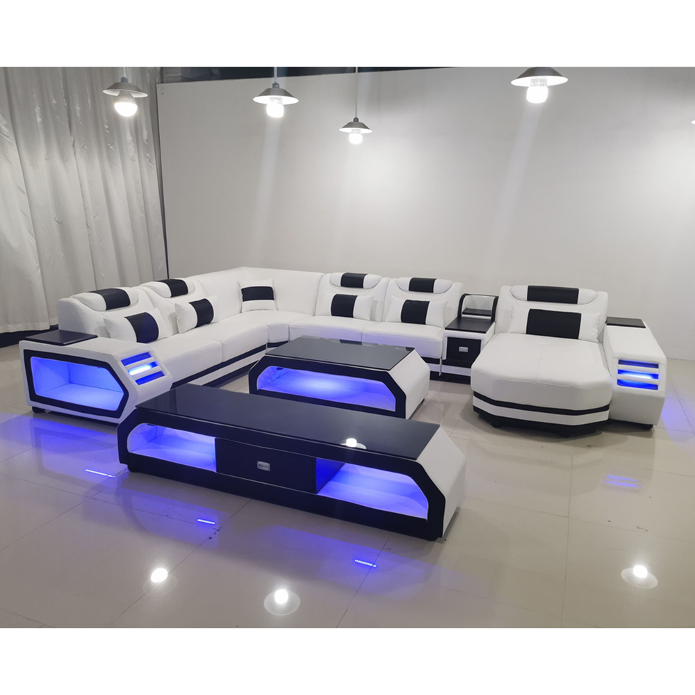 LED Light  Living Room Sofas Set Leather Couch  With Chaise longue