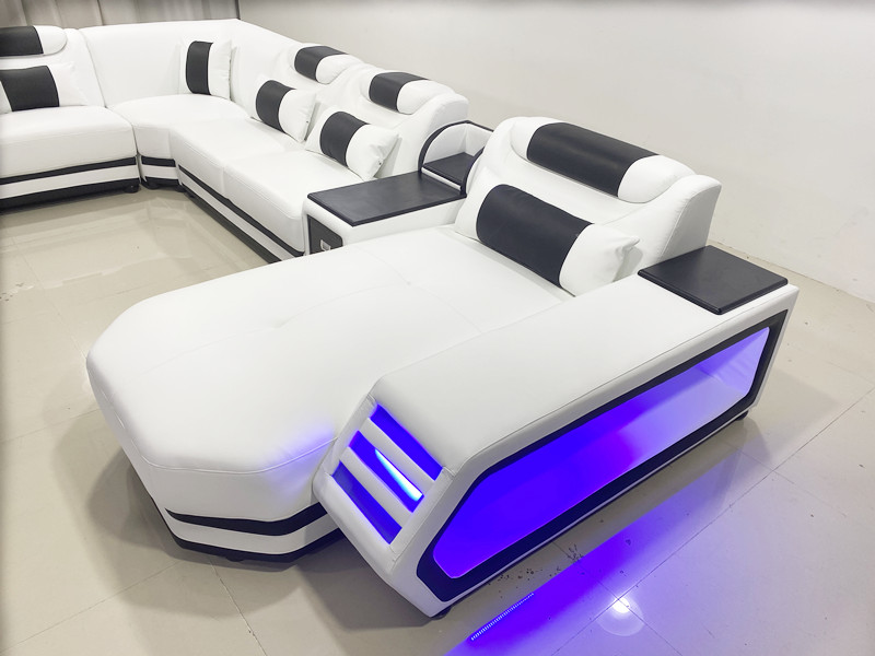 LED Light  Living Room Sofas Set Leather Couch  With Chaise longue