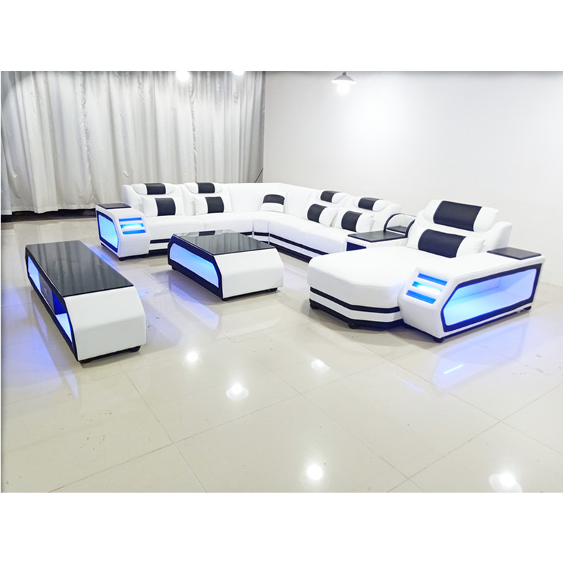 LED Light  Living Room Sofas Set Leather Couch  With Chaise longue