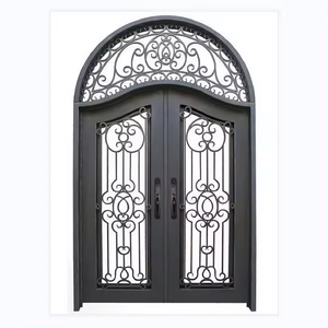 American style antique black metal entrance double arches iron doors