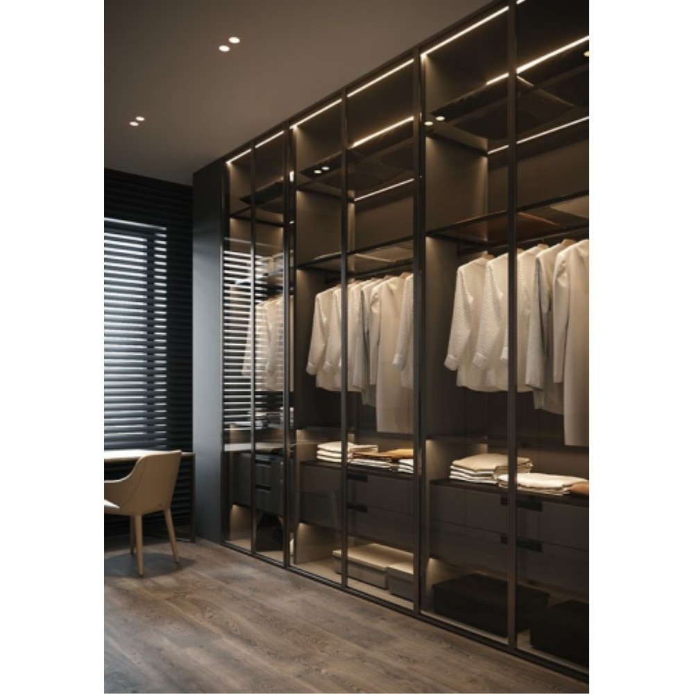 Contemporary Glass Door And Mirrored Dooor Wardrobe Closet Walkin Closet