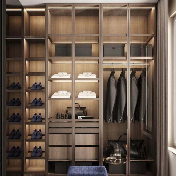 Luxury Design Tempered Glass Doors Customized Wardrobe Closet With Drawer Island