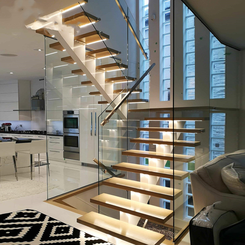 Modern design indoor straight glass railing LED staircase solid wood treads floating steel wood stairs