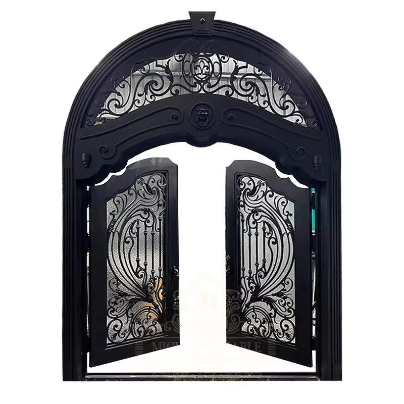 American style antique black metal entrance double arches iron doors