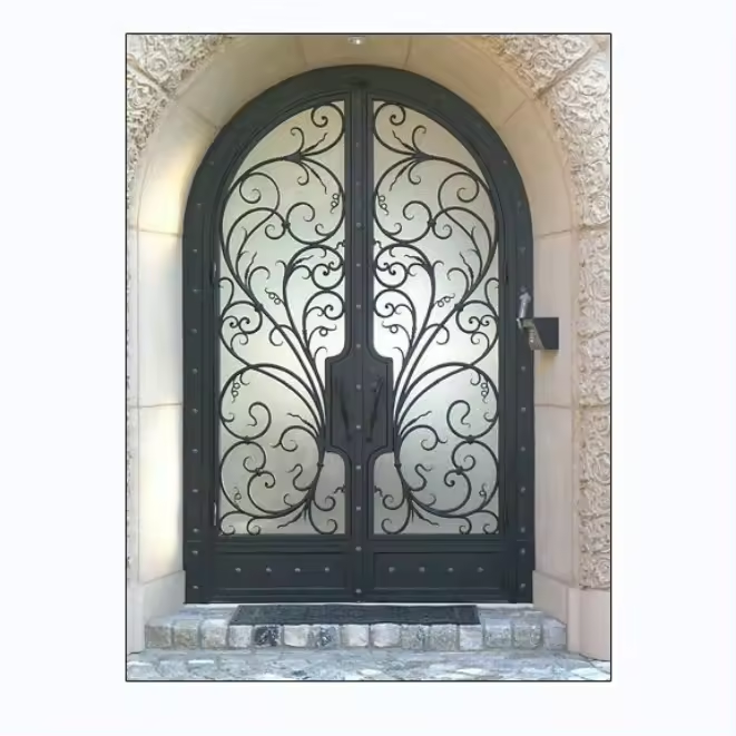 American style antique black metal entrance double arches iron doors