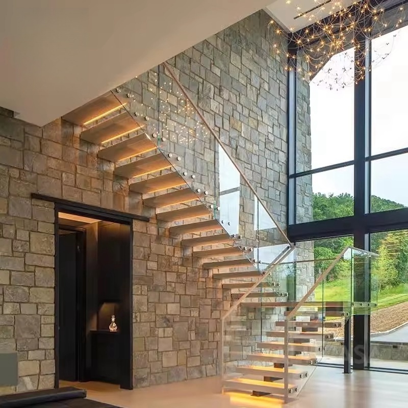 Modern glass railing white oak wood treads floating staircase for sale