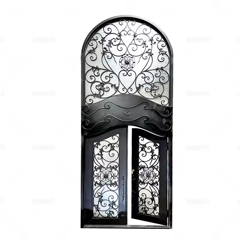 American style antique black metal entrance double arches iron doors