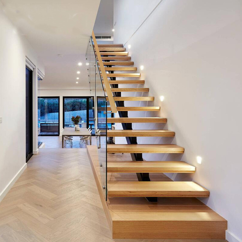 Modern design indoor straight glass railing LED staircase solid wood treads floating steel wood stairs