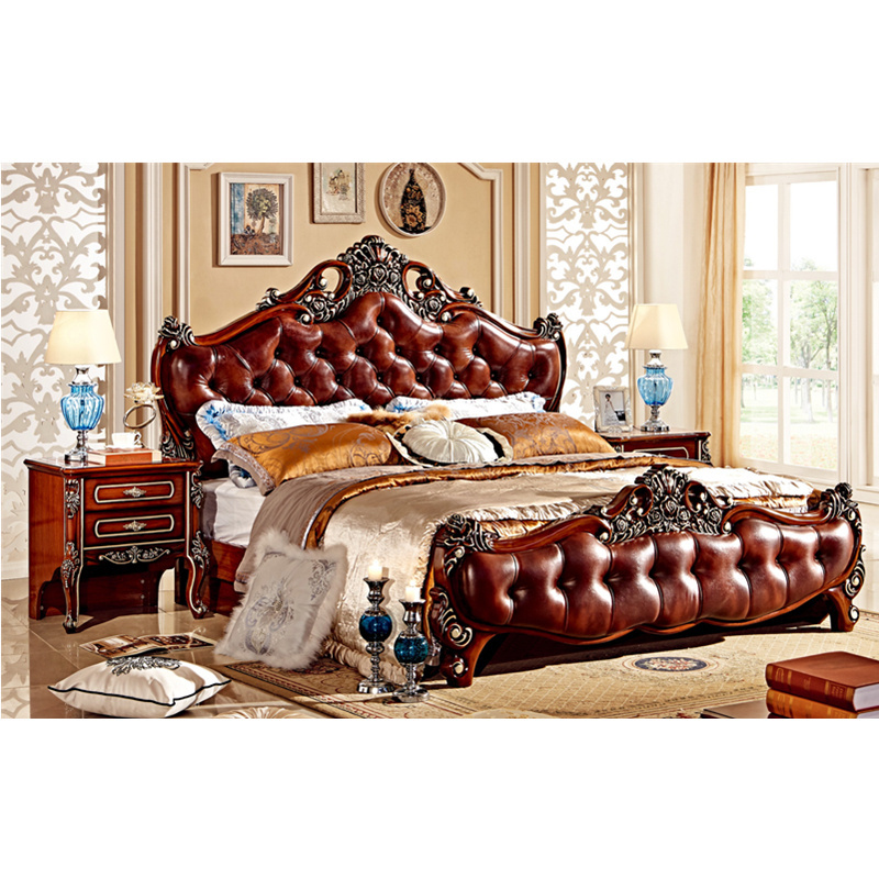 MS100 Classical Ancient Chinese Luxury Solid Red Wood Bedding Set Bedroom Genuine Leather Beds